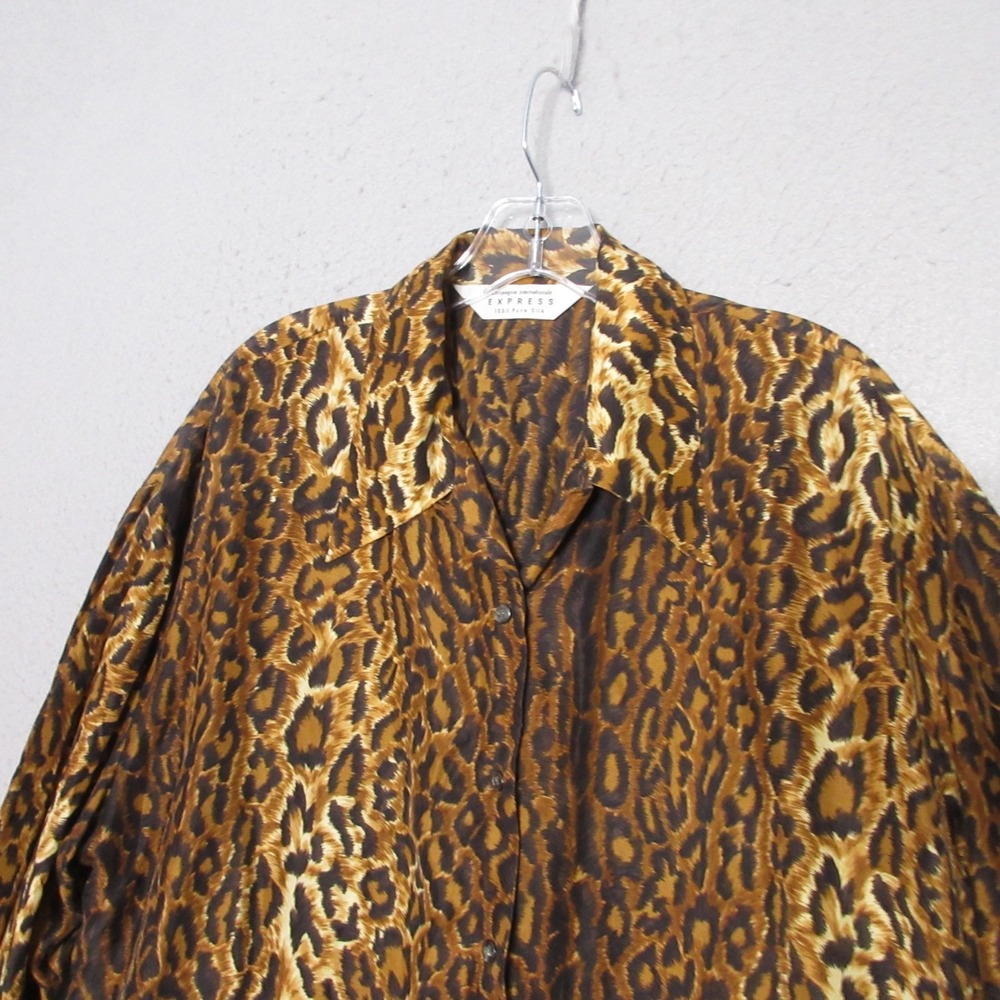 Vintage‎ Express Top Medium Leopard Animal Print 100% Silk Button Timeless RARE